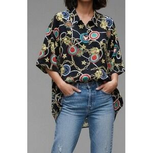 FLAVON Black Nautical Chain Medallion Print‎ Button Up Shirt Top Size L Vintage